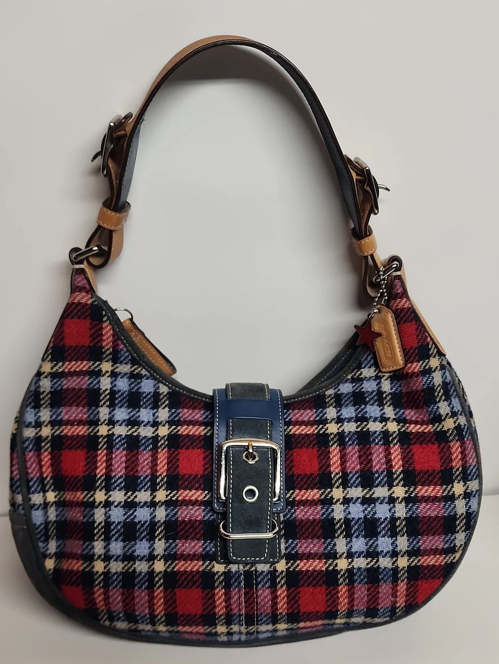 Coach Rare Vintage Suede Hampton 100% Wool Plaid Red & Blue Hobo Shoulder Bag